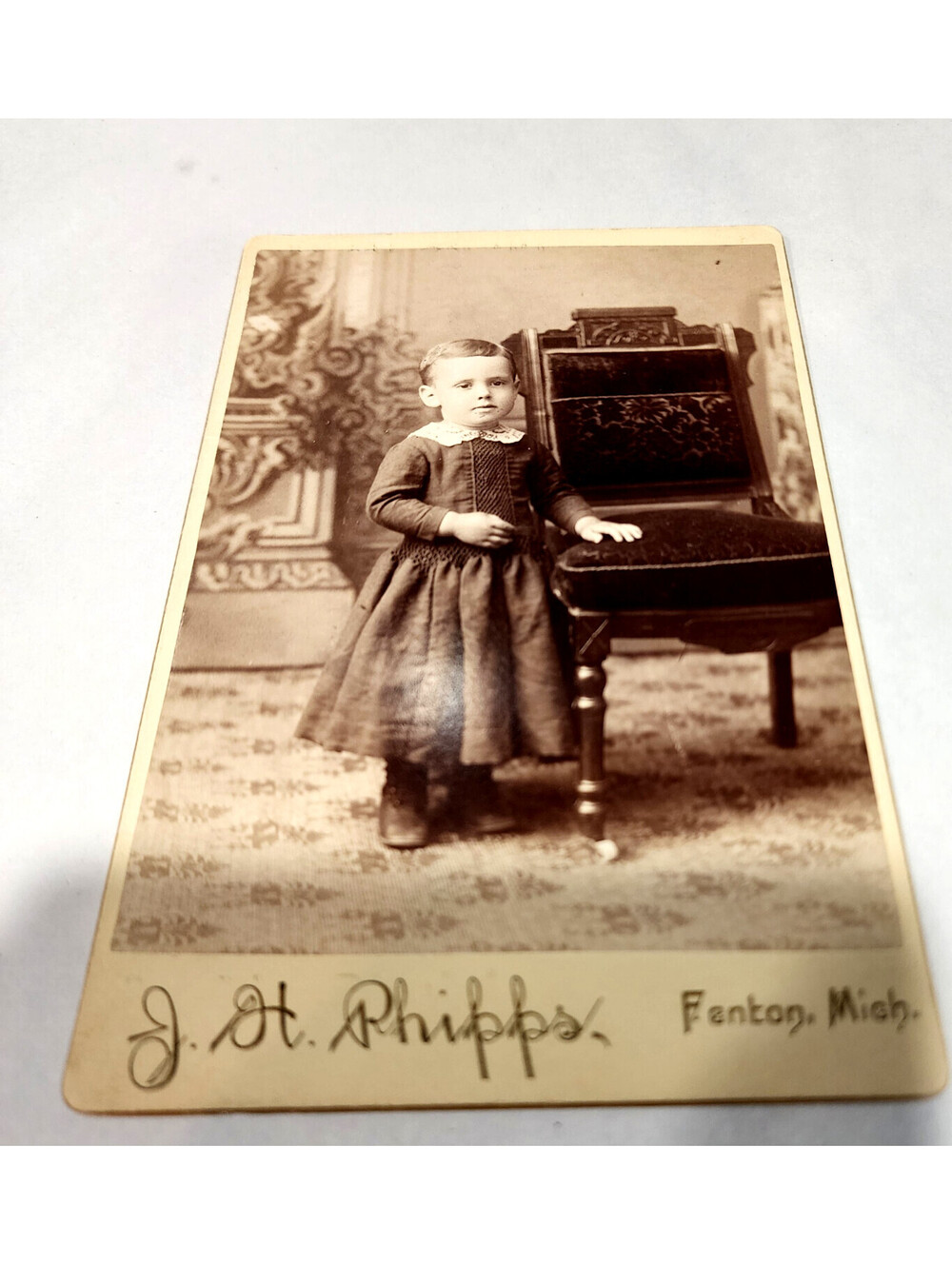 Antique 1890 Photo W Ledreu Smith Child Dress J H Phipps Fenton Michigan Named